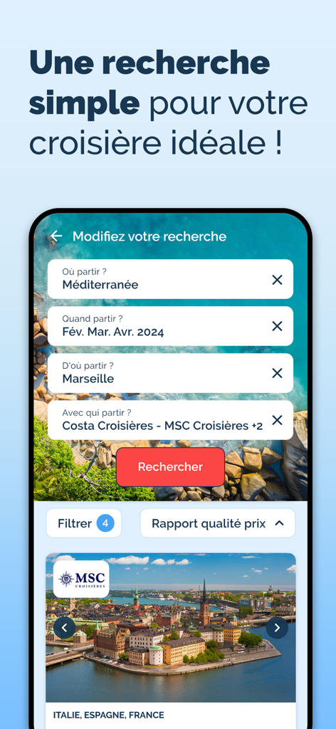Abcroisiere - Pantalla de búsqueda de la aplicación Abcroisiere para seleccionar destinos y fechas de cruceros.
