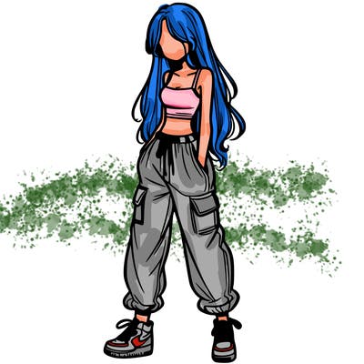 girl in baggy pants crop top and long hair