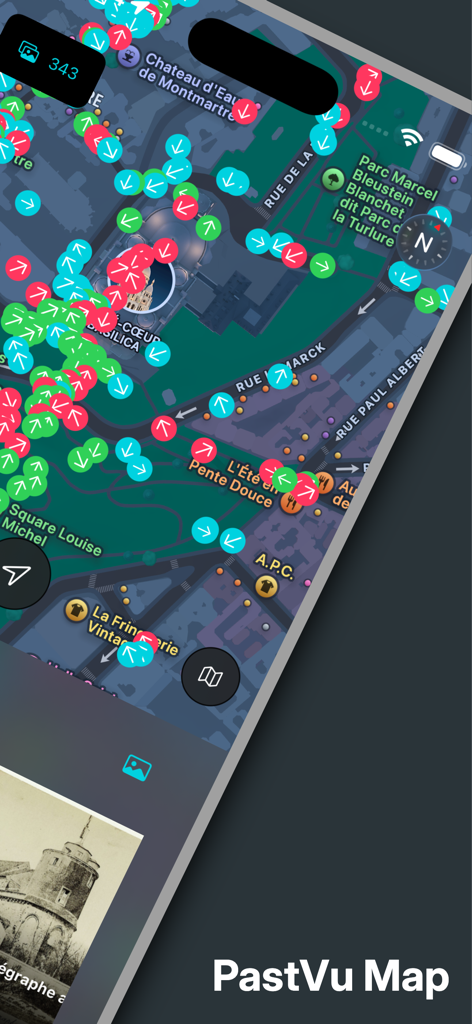 PastVu map - PastVu map showing historical photo shooting directions in Paris