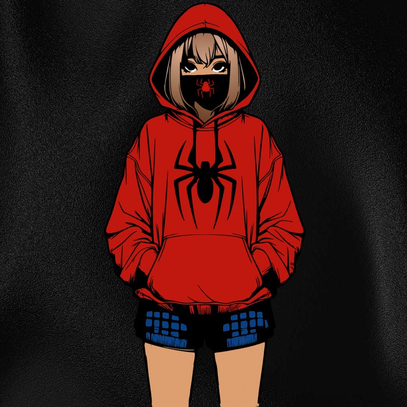 realistic girl with baggy spider hoodie and shorts