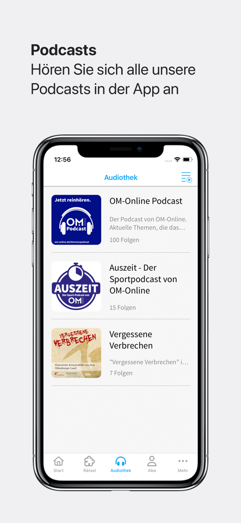 iPhone displaying the podcast library section in the OM-E-Paper app with local podcast episodes listed