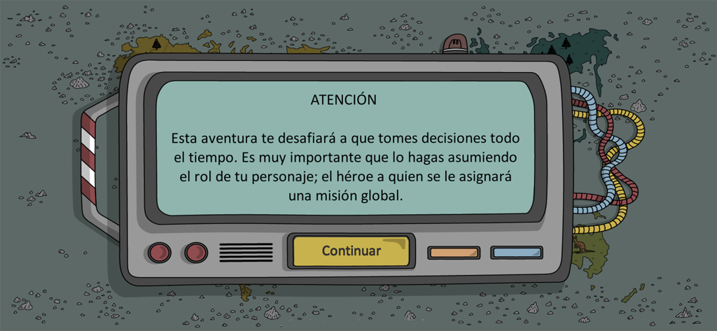 Nawaiam - Interfaz de la aplicación Nawaiam mostrando un mensaje introductorio sobre la toma de decisiones y asumiendo un rol de héroe.