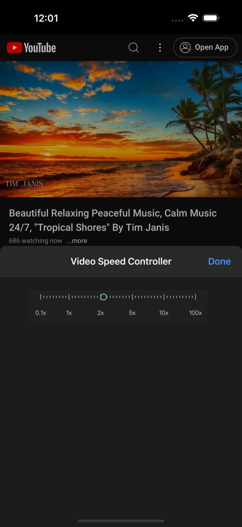 Video Speed Controller. - Interface of the Video Speed Controller app showing a playback speed slider over a YouTube video