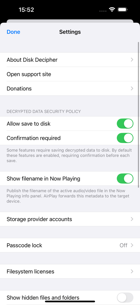 Settings screen of the Disk Decipher app displaying security policies, storage provider options, and passcode lock settings.