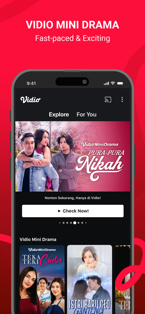 インドネシアのミニドラマや独占配信のオリジナルシリーズを紹介するVidioモバイルアプリのインターフェース