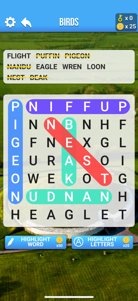 Word search puzzle gameplay showing hidden bird names in a grid with a scenic nature background