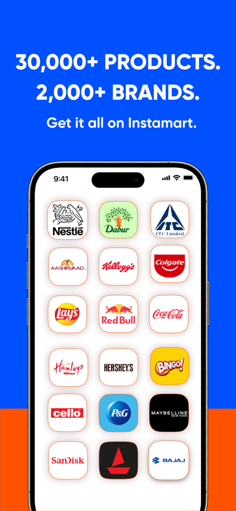 Instamart: Groceries & more - Interface do aplicativo móvel Instamart exibindo várias marcas de ponta e uma ampla gama de produtos.