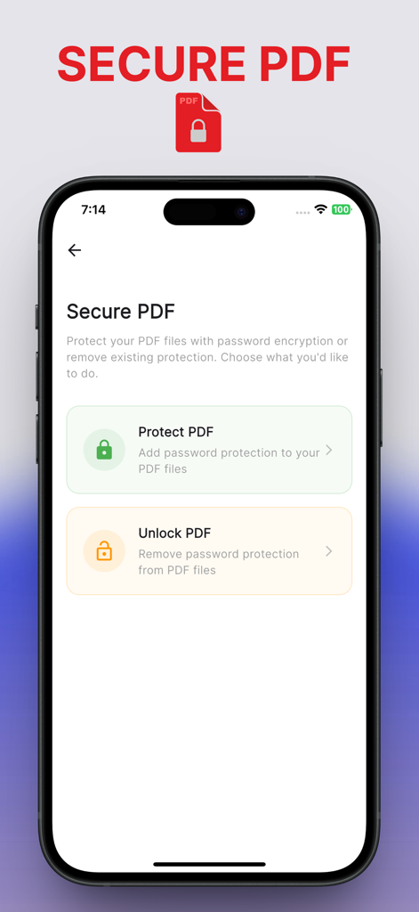 Easy PDF: AI Tools, Sign, Edit - La pantalla PDF Seguro en la aplicación Easy PDF ofreciendo opciones para proteger o desbloquear documentos con cifrado de contraseña.