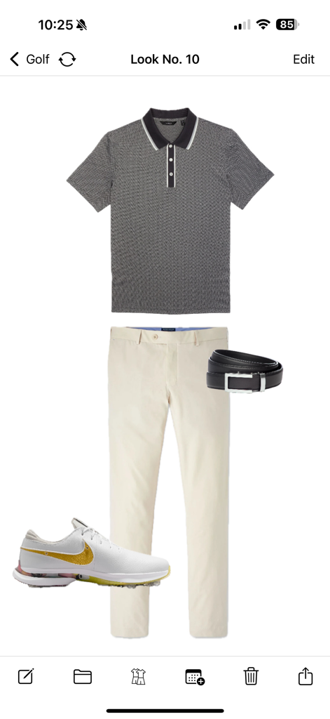 Stylebook Men - A curated mens golf look featuring a patterned polo shirt cream chinos and white golf shoes in the Stylebook Men app