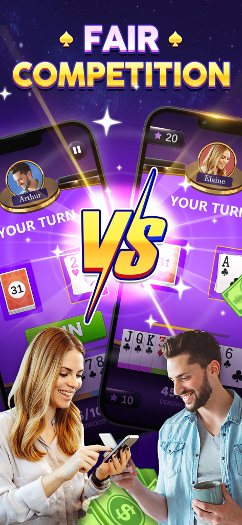 Gin Rummy Cash - A man and a woman playing a competitive game of Gin Rummy on their mobile phones with a VS logo between them.