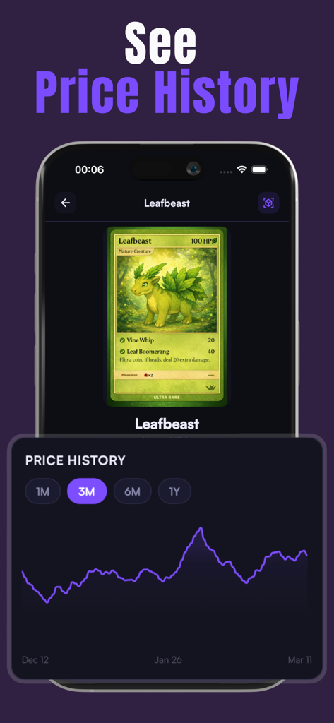 Cardex - TCG Card Scanner - Mobile screen showing the three month price history graph for a Leafbeast trading card