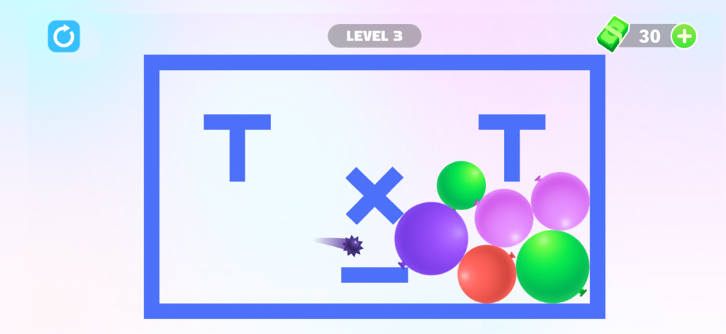 Thorn And Balloons - Tela de um jogo de quebra-cabeça baseado em física mostrando uma bola de espinhos lançada em direção a um grupo de balões coloridos.