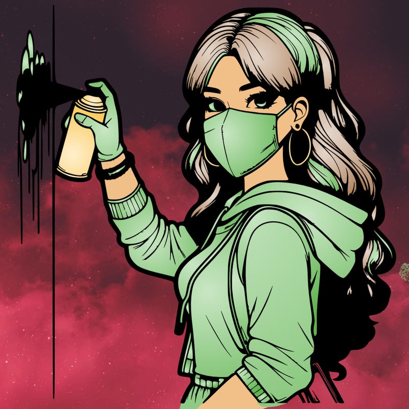 realistic girl with mask spray painting a wall