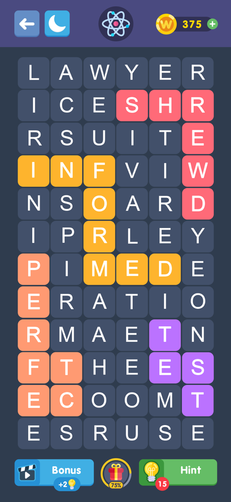Interfaccia del gioco mobile Fillwords che mostra un puzzle di ricerca di parole con parole colorate evidenziate su uno sfondo scuro minimalista