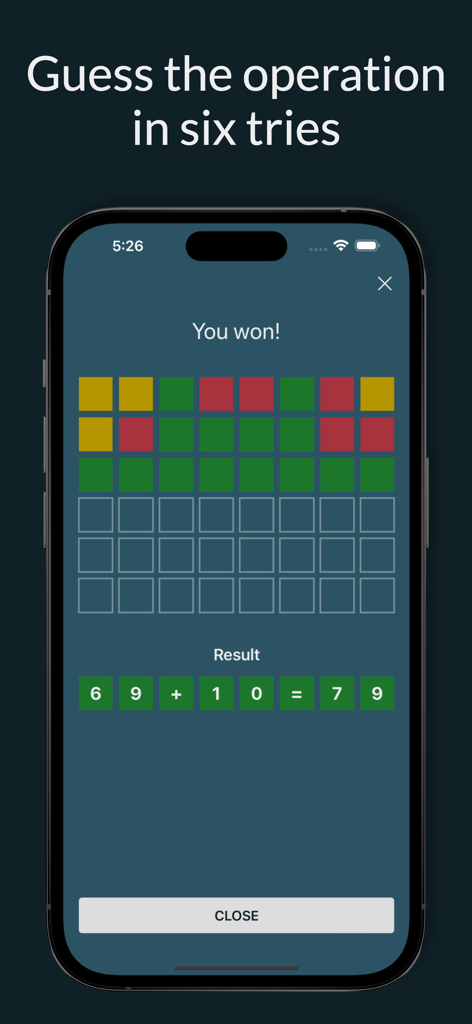 Schermata di vincita del gioco Mathle che mostra un calcolo matematico risolto con tessere verdi