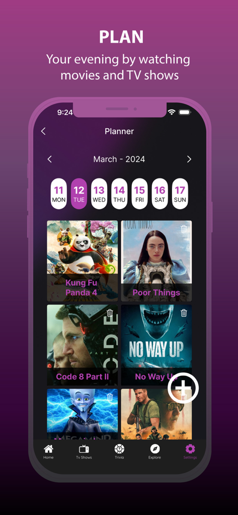 Cinema HD - Movies & TV Shows - 예정된 캘린더와 영화 표지를 보여주는 Cinema HD 앱 영화 플래너의 인터페이스