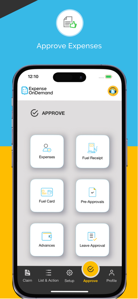 ExpenseOnDemand: Expenses App - ExpenseOnDemand mobile app interface showing the approval dashboard with categories for expenses fuel receipts and leave requests