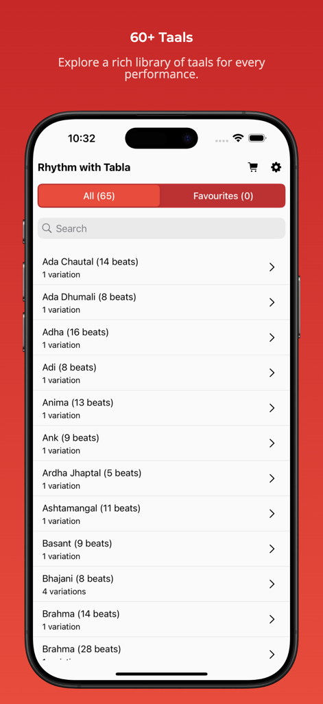 A screenshot of the Rhythm with Tabla app showing a comprehensive list of over 60 Indian classical rhythmic taals.