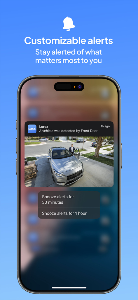 Lorex Classic Smartphone-Benachrichtigung, die eine Fahrzeugerkennungswarnung mit einer hochauflösenden Bildvorschau und Schlummeroptionen zeigt