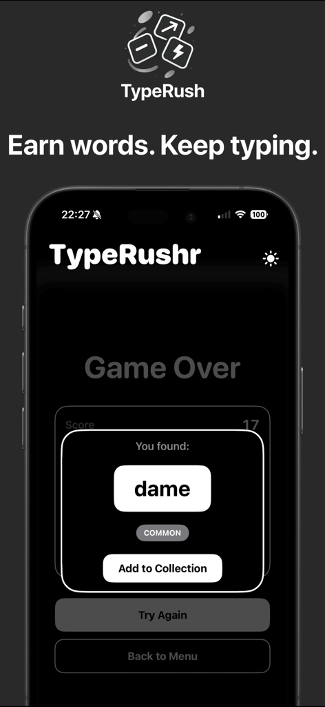 TypeRushr – Fast Typing Game - Écran de fin de partie de TypeRushr affichant un mot commun débloqué à ajouter à la collection.