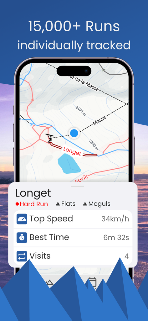 Piste: Ski Tracker - L'application Piste montrant les statistiques de performance et le suivi d'une descente individuelle sur une carte de station.