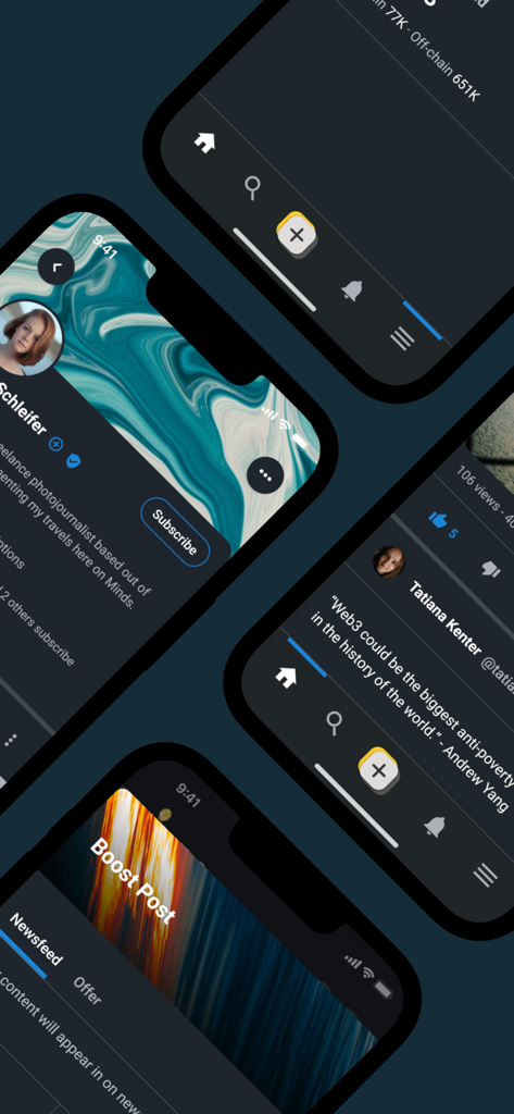 Minds.com - Multiple smartphone screens displaying the Minds app interface including user profiles, Web3 content, and post boosting features.