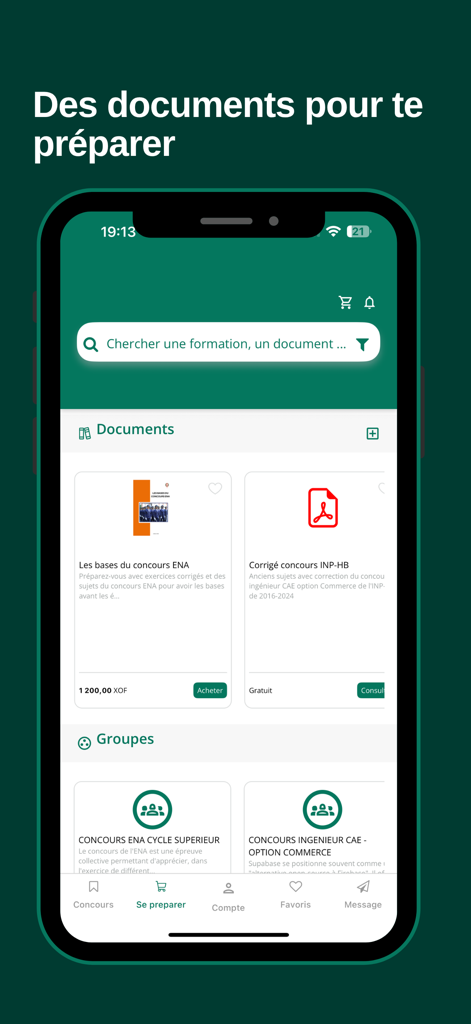 Eine mobile Benutzeroberfläche der Concours Hub App, die Lernunterlagen und Diskussionsgruppen für die Vorbereitung auf Auswahlprüfungen anzeigt.