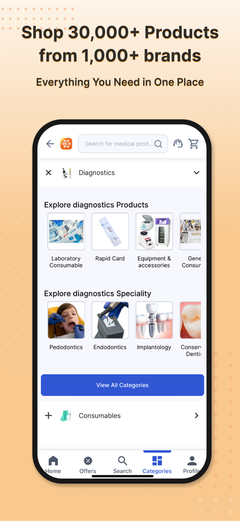 Medikabazaar-Medical Supplies - Medikabazaar mobile app interface showing medical diagnostics categories and dental specialties