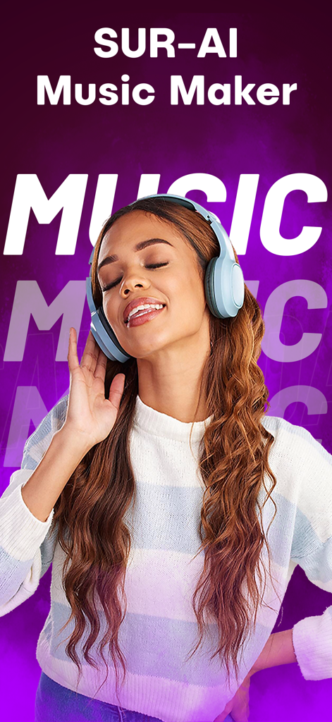 SUR - AI Music Generator - A young woman smiling with headphones listening to music on a purple background for the SUR AI Music Maker app.