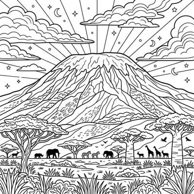 Embark on an artistic journey to Africa with this captivating Mount Kilimanjaro coloring page. Bring to life the iconic peak, diverse wildlife, and vibrant savanna landscapes with your favorite colors.