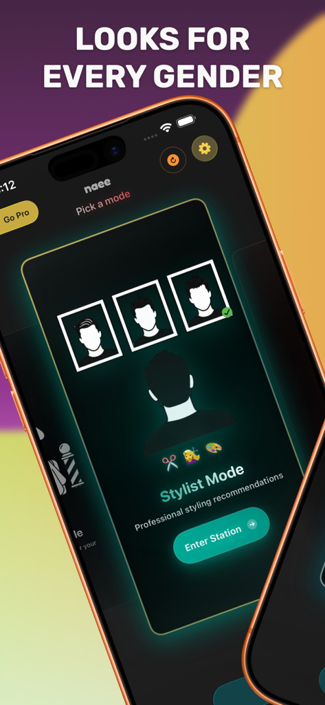 The Naee app interface showcasing Stylist Mode and professional hairstyle recommendations for every gender.