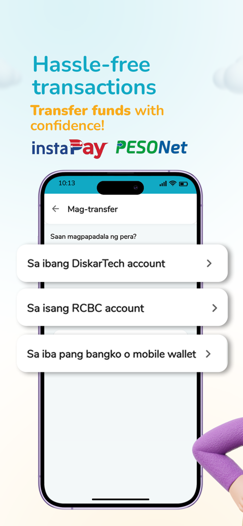 RCBC DiskarTech Savings - Tela do aplicativo RCBC DiskarTech mostrando opções de transferência de fundos via InstaPay e PESONet em Tagalog