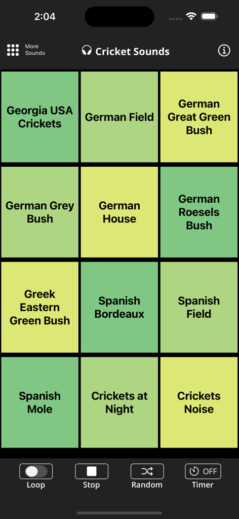 Benutzeroberfläche der Cricket Sounds App, die ein Raster verschiedener regionaler Grillenzwitscherer und Steuerungstasten anzeigt.