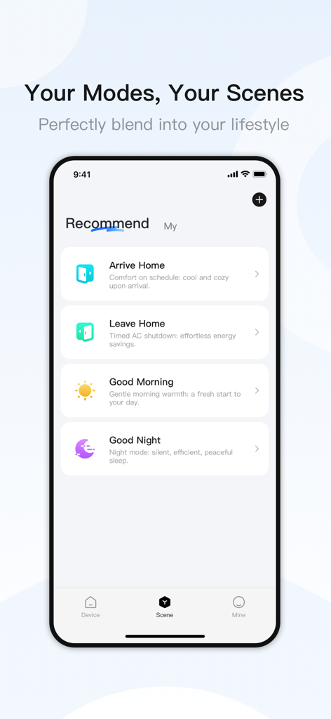 AUX Home - Interfaz de la aplicación AUX Home mostrando escenas inteligentes recomendadas para aire acondicionado, incluyendo modos Llegar a Casa y Salir de Casa