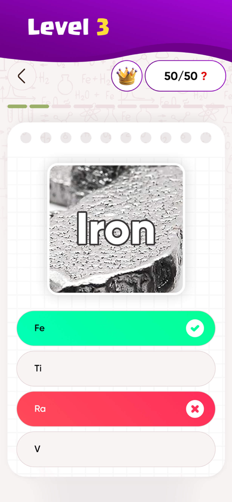 Periodic Table Elements Quiz・ - A chemistry quiz interface asking to identify the chemical symbol for Iron