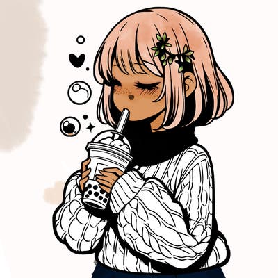 manga girl drinking boba in cozy sweater