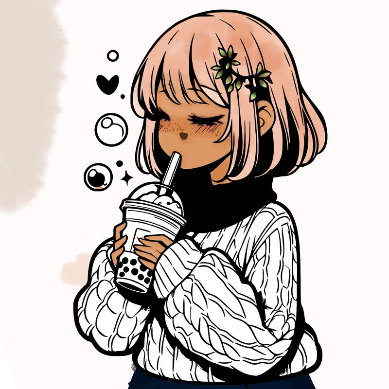 manga girl drinking boba in cozy sweater