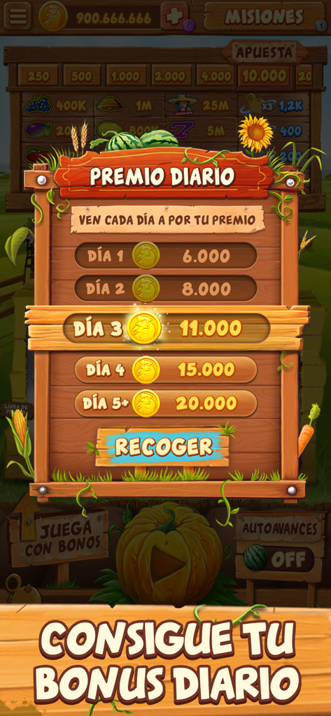 La Granja - Tragaperras Bar - Daily bonus screen in La Granja Tragaperras Bar showing coin rewards for consecutive login days on a farm themed wooden board