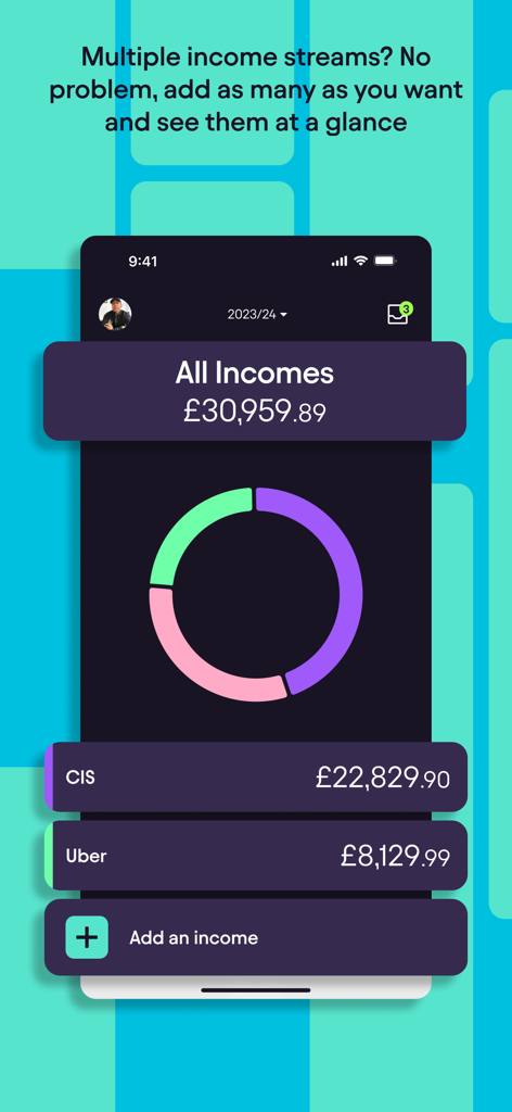 @Pie Tax - Dashboard of the Pie Tax app displaying multiple income sources with a summary chart