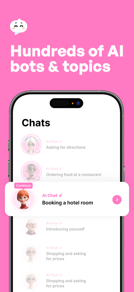 Langotalk app interface showing various AI chat topics for language learning