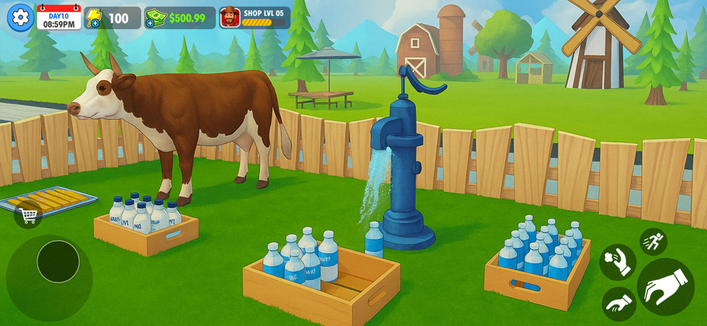 Farm Supermarket Simulator - A cow standing in a fenced farm area next to crates of bottles and a water pump