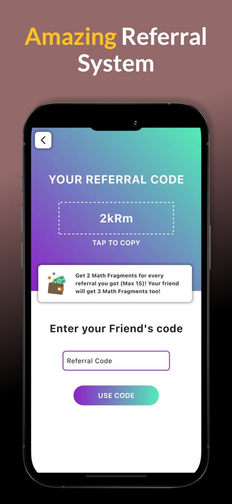 PlayWell - Play and earn - PlayWell app screen showing the referral system with a personal invite code and rewards for inviting friends