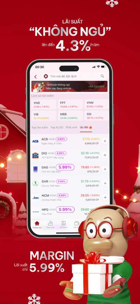 Entrade X by DNSE: Stocks - Aplicación de trading de acciones Entrade X by DNSE que muestra la lista de observación del mercado y las tasas de interés de margen.