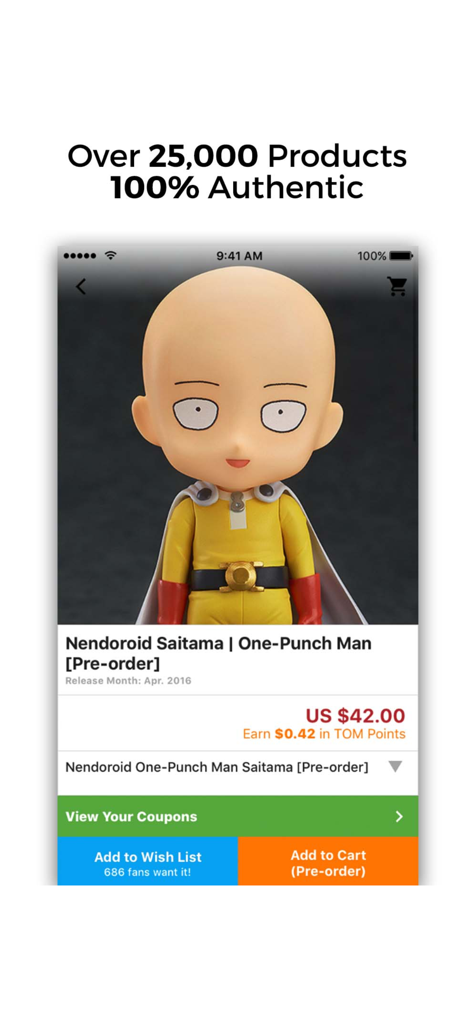 TOM Shop - A screenshot of the TOM Shop app showing a product page for a Nendoroid Saitama One-Punch Man anime figure available for pre-order.