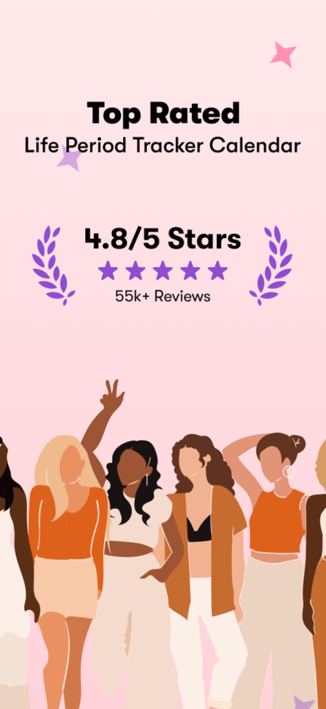 Life Period Tracker app showing a 4.8 star rating and over 55 thousand reviews with a diverse group of women illustration