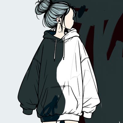 realistic girl with a oversized sweatshirt on and a bun