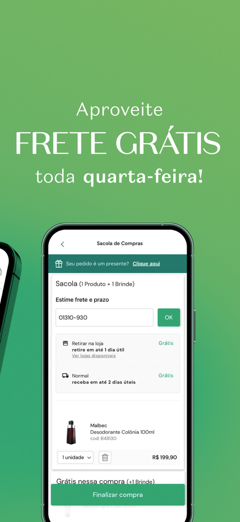 O Boticário - Screenshot of the O Boticário app shopping bag showing free shipping options and a Malbec fragrance.