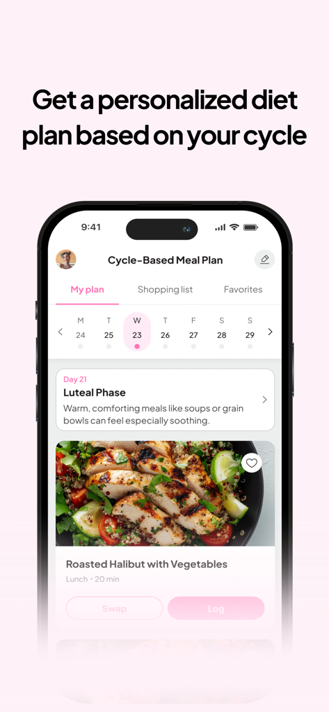 Cycle Diet - A mobile app screen showing a personalized meal plan for the luteal phase with a healthy recipe.