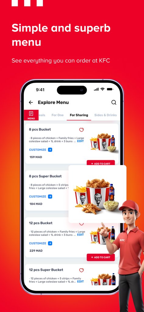 KFC Morocco | KFC Maroc - Écran de l'application KFC Maroc affichant le menu de partage avec des offres de bucket de poulet frit