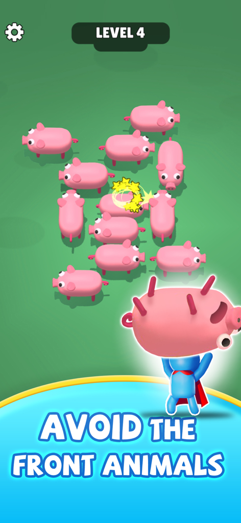 Farm Escape! - Gameplay screenshot of Farm Escape! puzzle game featuring pink pigs on a green field with the instruction avoid the front animals.